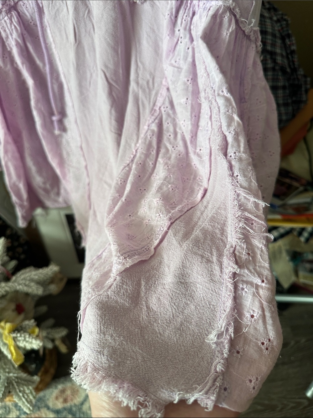 Light Lavender Hooded Pullover with Eyelet and Lightweight Cotton Tier Raw Seams - Picture 9 of 17